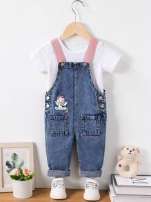 SHEIN 1 套女婴可爱小马图案粉色背带和蓝色牛仔背带裤，女婴秋冬装 - 淺色水洗藍 - 查看 3