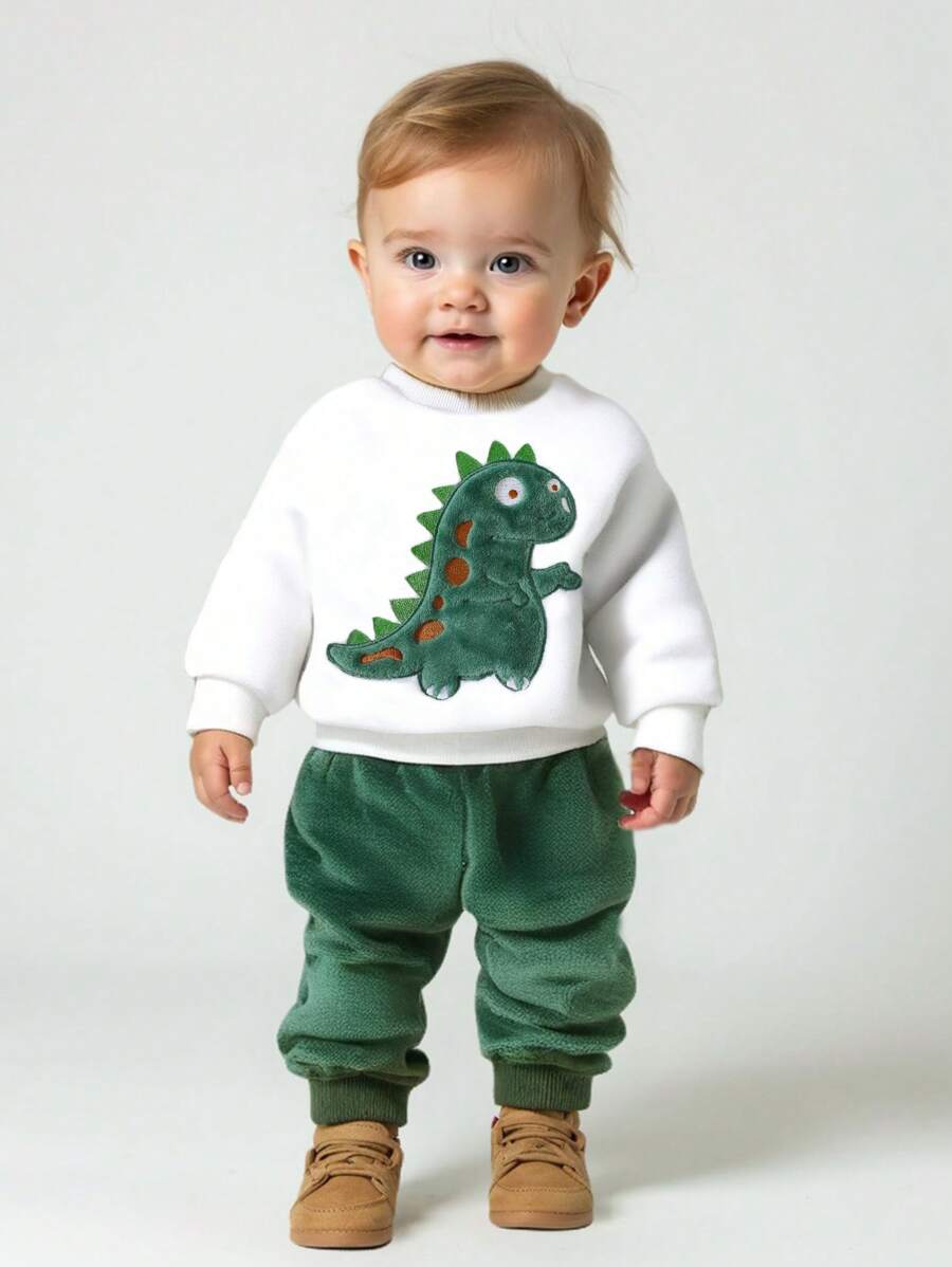 SHEIN 2pcs/Set Baby Boy Dinosaur Embroidered Reversible Fleece Sweatshirt And Pants Set - Green - View 1