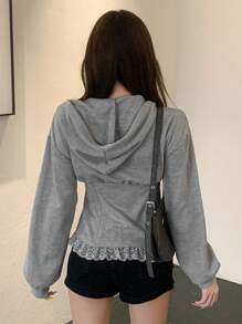 DAZY Áo khoác nữ dài tay dáng rộng phối ren, có mũ trùm đầu, dây rút, thích hợp mặc mùa xuân thu, áo dài tay, áo khoác nữ mùa thu có khóa kéo và mũ trùm đầu. - Xám - Xem 5