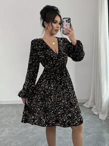 Chiquease Elegant Long Sleeve V-Neck Waist Cinched Midi Dress Fall Cloth For Women - Black - View 4