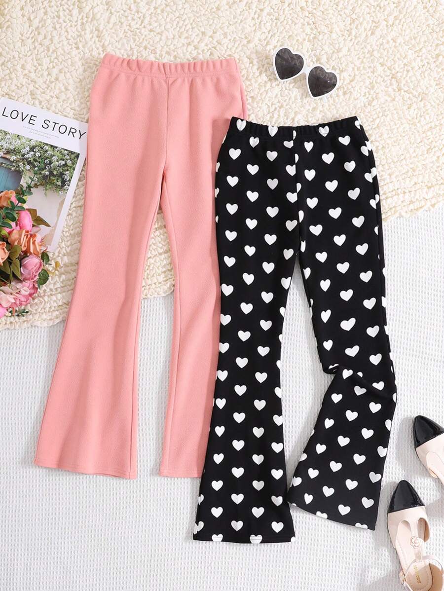 SHEIN Leap Crew 2 件套 Tween 女童都市时尚休闲针织喇叭裤套装 - 藕粉色 - 查看 1