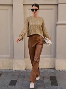 SHEIN Cottnline Simple Solid Crew Neck Long Sleeve Twist Patterned Pullover - Khaki - View 5