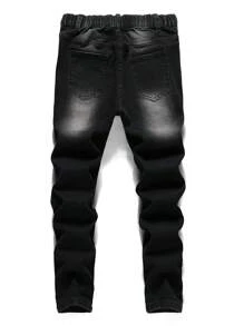 Coolqubz 酷男孩时尚破旧褪色喷漆牛仔裤，百搭休闲街头复古黑色牛仔裤 - 黑色 - 查看 2