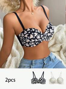 2pcs/Set Women's All-Over Print Comfortable Bra Set - Multicolor - View 1