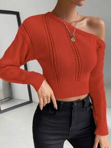 Chiquease Casual Solid Asymmetric Shoulder Cropped Sweater, Spring & Fall, Knit Pullover Fall Winter - Orange - View 4