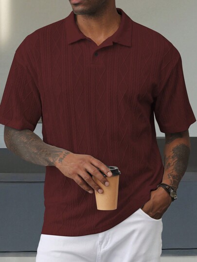 Manfinity Homme 男士酒紅色短袖 Polo 衫，幾何菱形提花針織 Polo，秋季休閒正裝半正式法式度假風