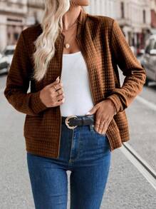 SHEIN LUNE Women's Solid Color Long Sleeve Loose Casual Baseball Jacket For Spring And Autumn Fall Winter Cloth For Women - Brown - View 3
