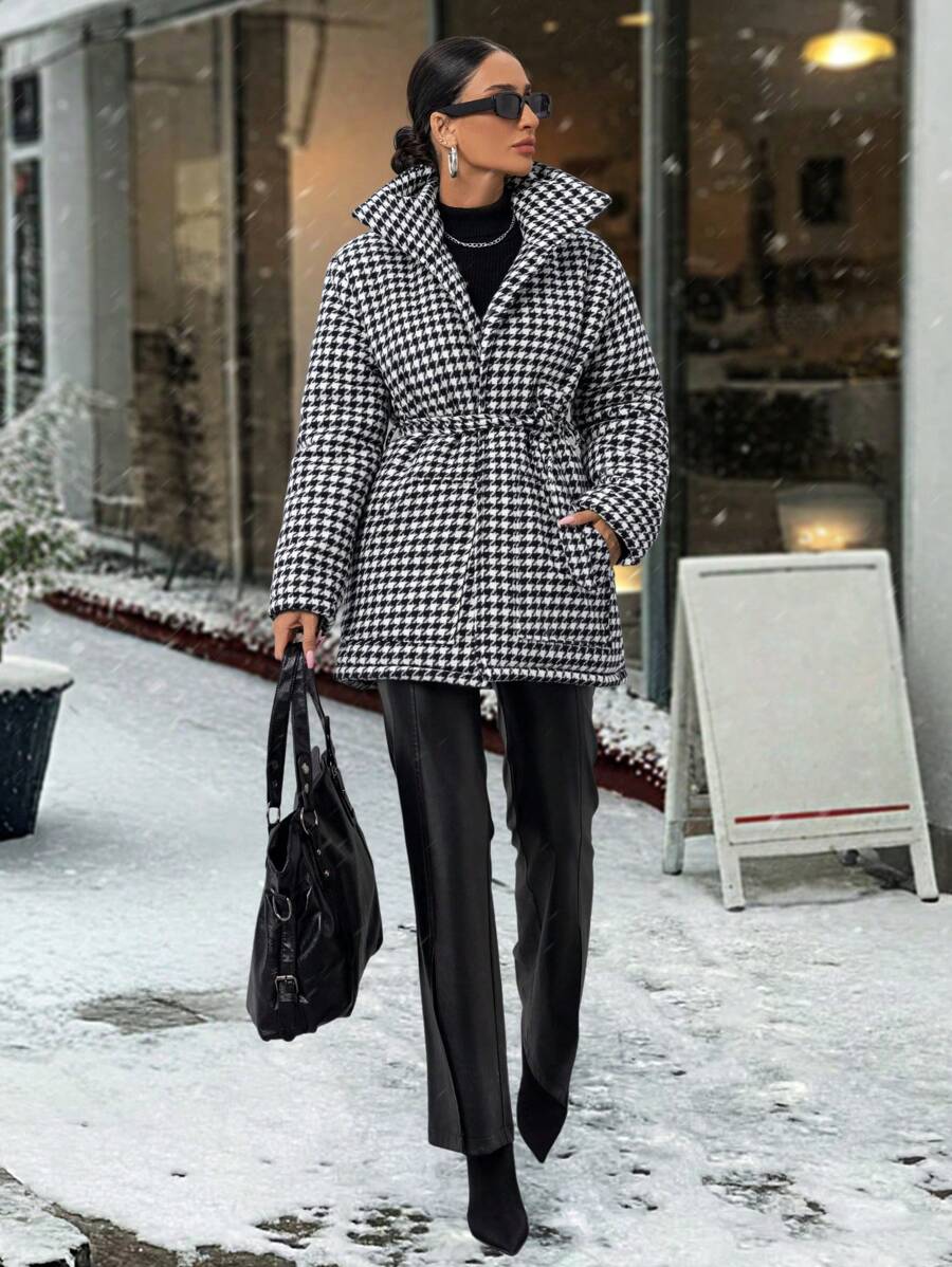 RueChic Fashionable Chic Elegant Houndstooth Pattern Belted Padded Coat - Multicolor - View 1