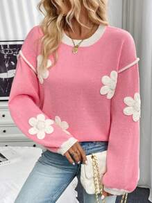 Chiquease 撞色3D立体花卉装饰圆领长袖休闲针织衫，秋冬针织套头衫 - 粉色 - 查看 4