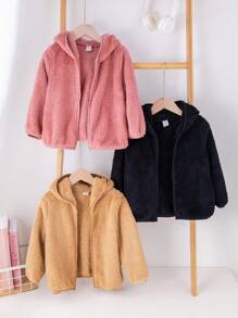 SHEIN Leap Crew 3pcs Young Girl Knitted Solid Color Hooded Loose Casual Jacket Set,In Fall/Winter - Multicolor - View 3