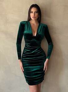 SHEIN Tall Autumn Deep V Neck Ruched Velvet Party Green Slim Fit Long Sleeve Dress - Green - View 1