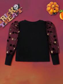 SHEIN X Care Bears Áo thun tay bồng in họa tiết gấu hoạt hình Halloween cho bé gái - màu đen - Xem 2