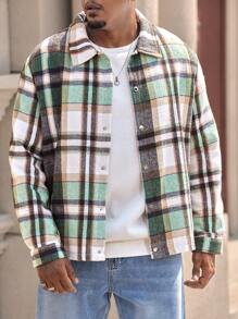 Manfinity Homme Plus Size Men's Casual Plaid Print Jacket, Autumn - Multicolor - View 4