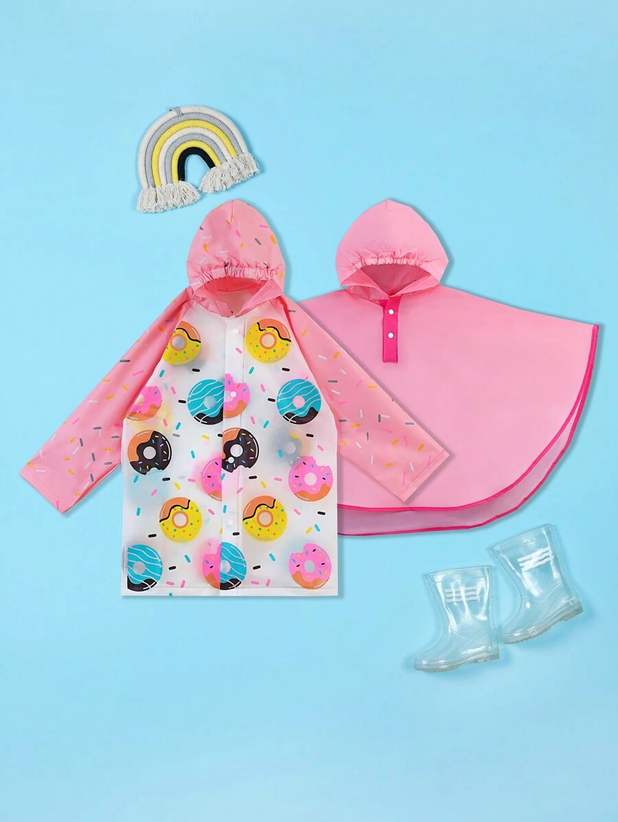 Girls' Cute Donut Printed Hooded Outdoor Raincoat For School & Play, Waterproof & Rain Resistance
