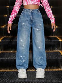 SHEIN Explorewe Jeans vaqueros de alta calidad con lavado y aplicaciones de corazones para niña preadolescente - Azul - Ver 3