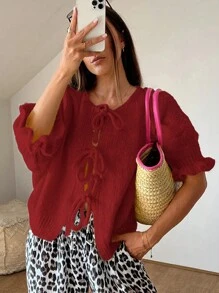 INAWLY Pulover casual de damă cu cravată în față cu tiv asimetric