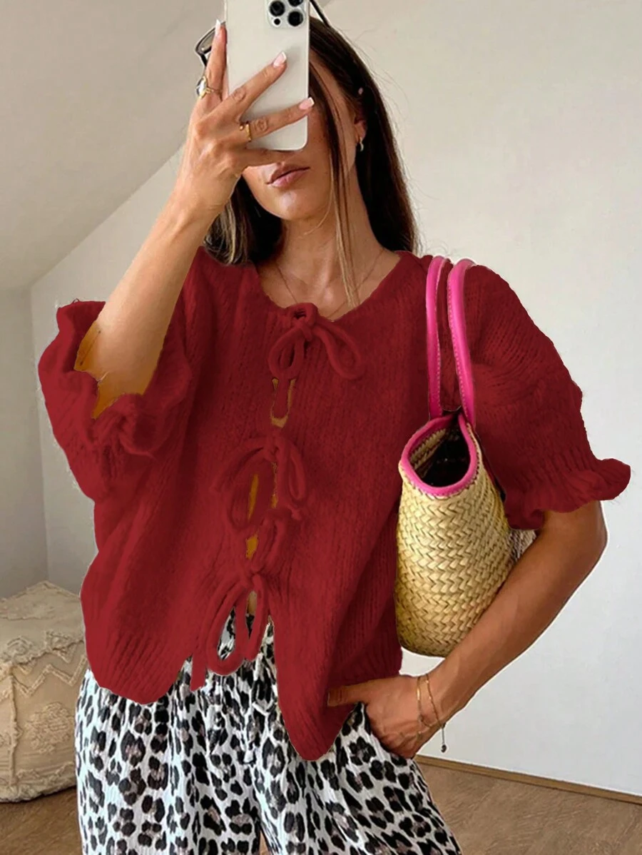 INAWLY Women's Solid Color Front Tie Casual Sweater, Knit Pullover Fall Winter - Red - View 1