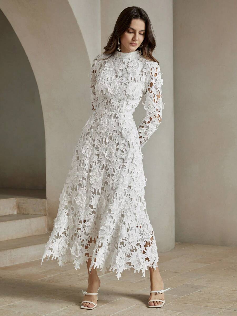 Anewsta Váy ren dài tay màu trắng khoét sâu cho phụ nữ dự tiệc ngày lễ Maxi Trang phục nữ - trắng - Xem 1