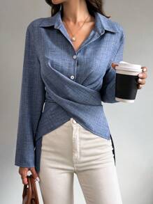 Chiquease 纯色交叉裹身衬衫，长袖上衣