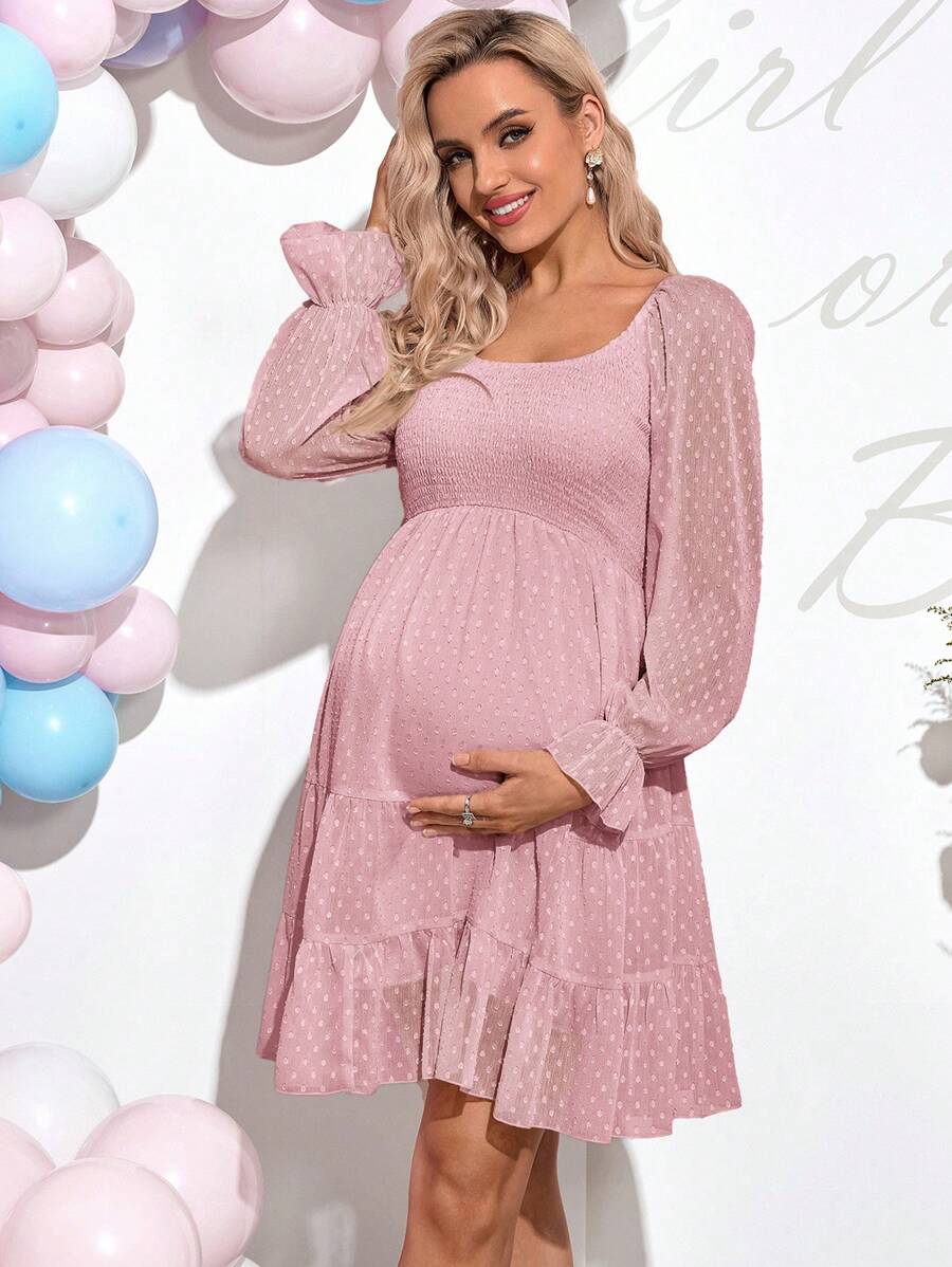 Loomaby 女式纯色长袖休闲短裙 - 粉色 - 查看 1