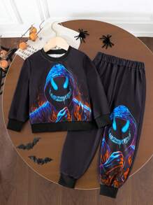 SHEIN 2 pièces Ensemble Sweat-shirt à capuche et pantalon de survêtement avec impression de portrait 3D pour garçons, tenue confortable, polyvalente et durable pour un port quotidien par les garçons, style décontracté et de rue
