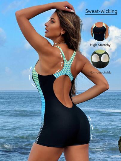 Swim SPRTY Backless Ombre Print Patchwork Ladies Board Shorts, Non-Detachable Cup For Summer Beach Vacation