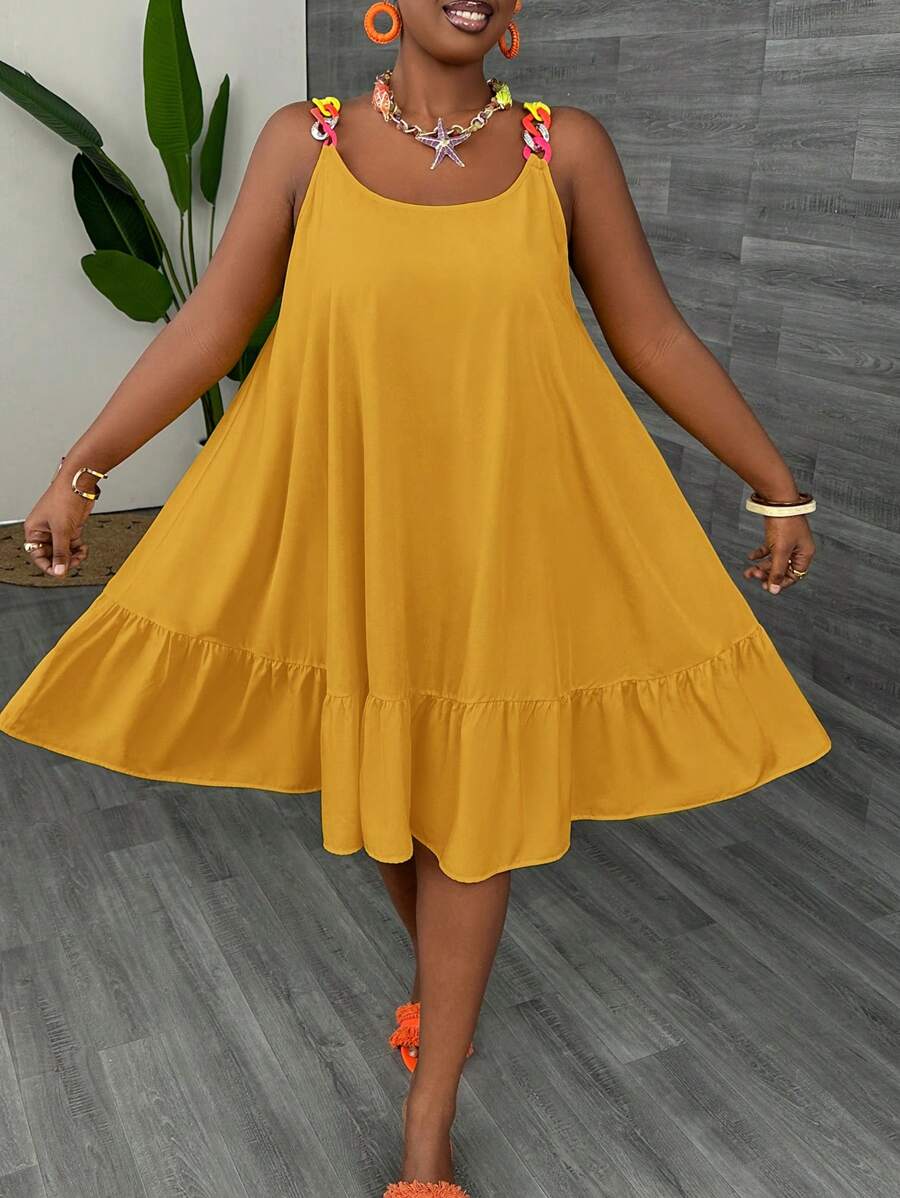 Slaydiva Vestido de verano holgado de línea A con correa de cadena casual de talla grande - Mostaza Amarilla - Ver 1