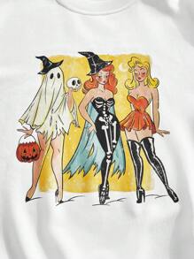 Manfinity VCAY 1件男士Y2K趣味休闲宽松高街复古风针织长袖加厚印花卫衣，秋季万圣节ins风，简洁修身，保暖加厚，冬季款 - 白色 - 查看 4