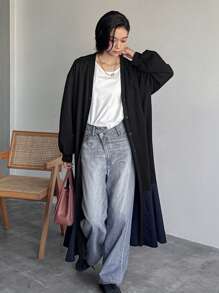 FRIFUL Women Patchwork Color Block Midi Dress,Fall Clothes - Black - View 4