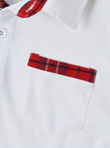 SHEIN Tween Boy Casual College Style Plaid Fabric Collared Pocket Long Sleeve Solid Shirt