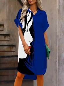 SHEIN LUNE Short Front Long Back Portrait Print Short Sleeve Dress - Blue - View 4