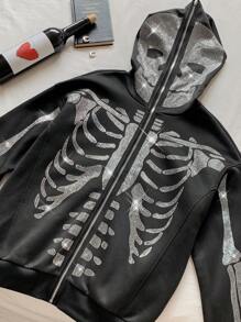 SHEIN EZwear Women's Loose Hooded Zip-Up Long Sleeve Rhinestone Skeleton Pattern Sweatshirt, Spring/Fall - Black - View 3