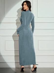 Modelyn 女士纯色 V 领长袖褶皱长款优雅连衣裙长款晚礼服 - 薄荷綠 - 查看 3