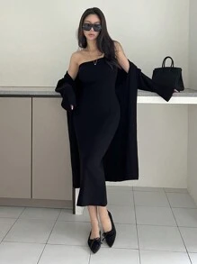 DAZY 2pcs/Set Women Solid Color Tube Dress And Long Sleeve Cardigan Sweater Fall - Black - View 2