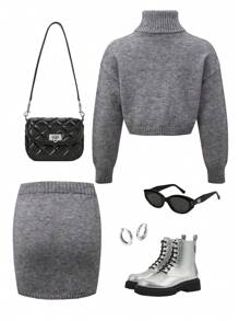 Conjunto de suéter de cuello alto de unicolor y minifalda para adolescentes - Gris - Ver 2
