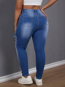 SHEIN SXY Quần denim co giãn cạp cao cỡ lớn có lỗ trang trí - Rửa tối - Xem 2