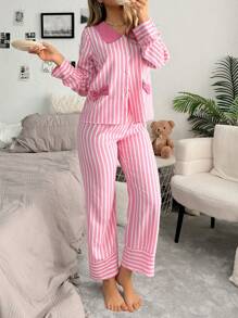 SweetSlumber Contrast Stripe Single Breasted Long Sleeve Top & Pants Women Pajama Set, Fall Winter Clothes Cozy And Elegant Details - Multicolor - View 6