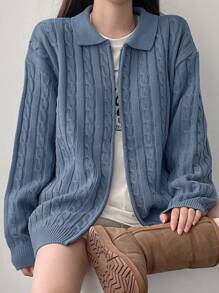 DAZY Women's Loose Fit Turndown Collar Cable Cable Zip-Up Cardigan