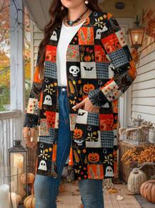 SHEIN LUNE Áo khoác dài tay hở phía trước họa tiết đầu lâu ma bí ngô Halloween cỡ lớn cho nữ có túi - Nhiều màu - Xem 3