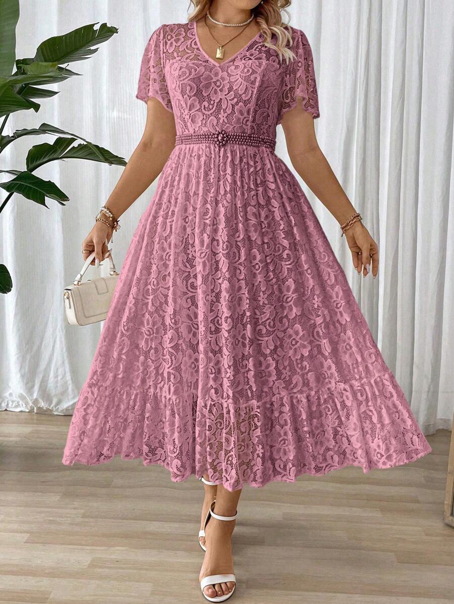 Cravure Plus Size Women Summer V-Neck Short Sleeve Lace Ruffle Hem Elegant Dress Maxi Women Outfit Wedding - Dusty Pink - View 1