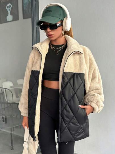 EURMUSE Women Padded Coat With Teddy Bear Fabric Patchwork, Diamond Shape Stitch Line