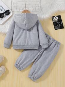 2pcs Baby Girls Street Fashion Print Hoodie Jacket And Pants Set - Grey - View 2