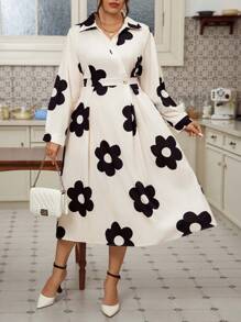 SHEIN Unity Plus Size Full Floral Print Button Front Long Sleeve Dress, Assorted Prints Maxi Women Outfit - Apricot - View 4