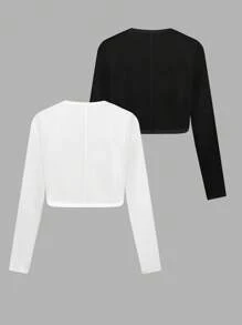 SHEIN EZwear Bộ 2 áo len dệt kim cỡ lớn đầu thu và áo khoác ngắn - Đen và trắng - Xem 2