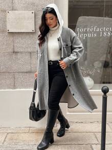 Vionelle 大码女式秋冬连帽抽绳羊毛夹克，带口袋，拼色 - 深灰色 - 查看 4