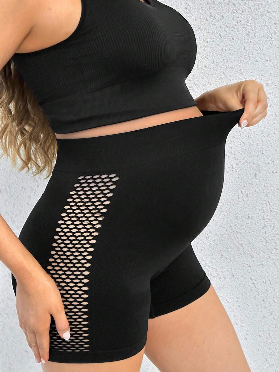 SHEIN 日常休闲运动瑜伽孕妇镂空透气托腹高腰短裤无缝瑜伽设计高弹力适合各种场景孕妇 - 黑色 - 查看 1