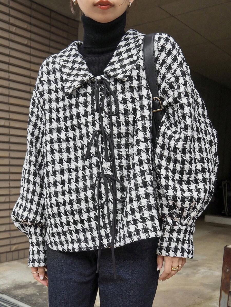 FRIFUL 女士千鸟格宽松系带长袖衬衫,春秋季女装 - 黑與白 - 查看 1