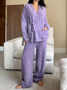 DAZY Pijama de moletom folgado com amarração na cintura, em imitação de pele de vison, roupa aconchegante para outono e inverno. - Roxa - Ver 5