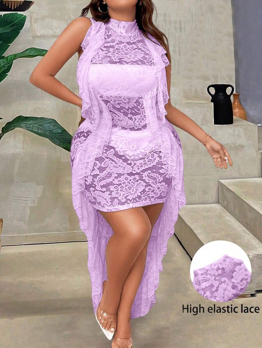 Allurite 大码夏季性感透明蕾丝荷叶边修身连衣裙