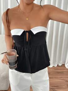 SHEIN Frenchy Women Contrast Color Patchwork Front Tie Ruched Bandeau Casual Top Summer - Black and White - View 3